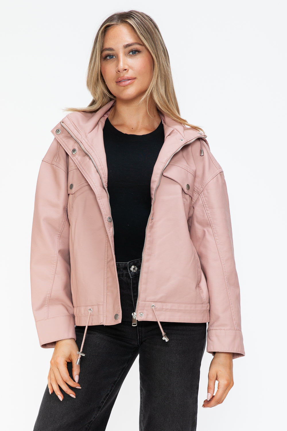 Drawstring Hem PU Leather Zip Up Jacket