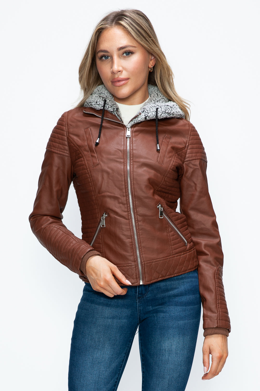 Faux Layered Double-Zipper Jacket with Fuzzy Hood