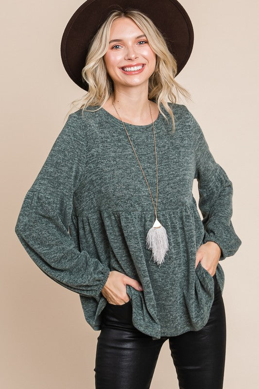 Heathered Round Neck Babydoll Top