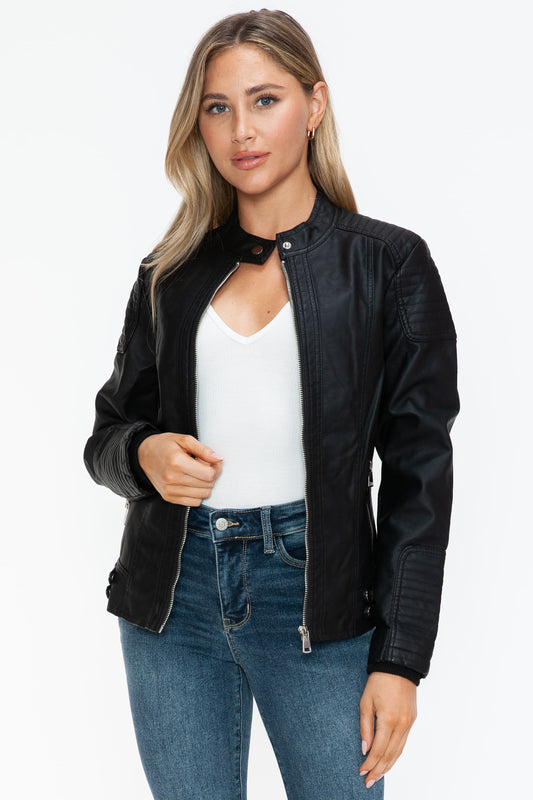 Faux Leather Biker Jacket with Side Zip Pockets