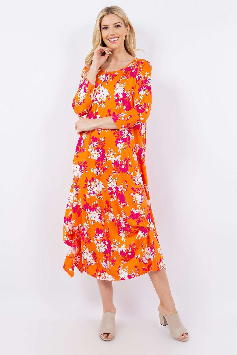 Pick-Up Hem Asymmetric Floral Midi Dress