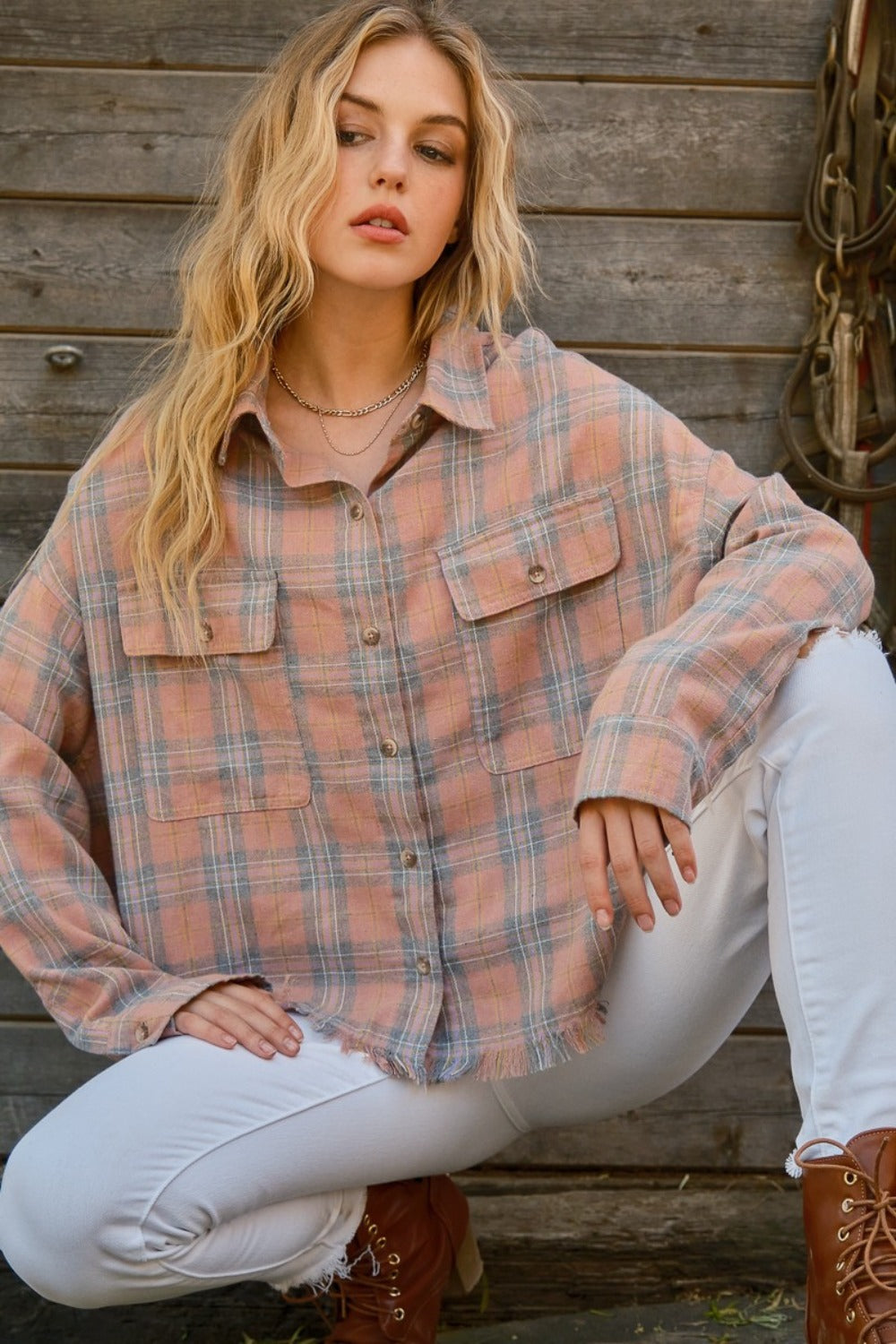 Plaid Button Up Raw Hem Shirt