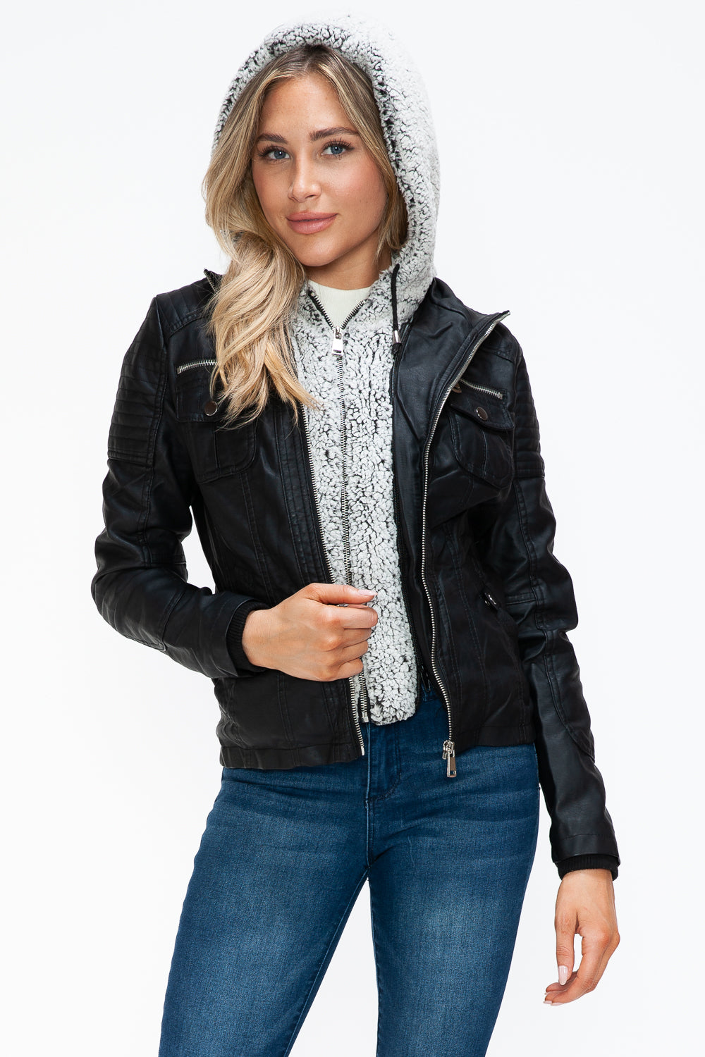 Removable Faux Layered Multi-Pocket Jacket with Fuzzy Hood