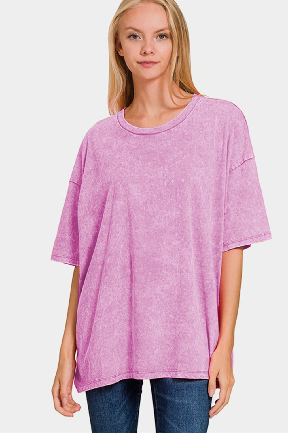 Washed Round Neck Drop Shoulder Oversized T-Shirt