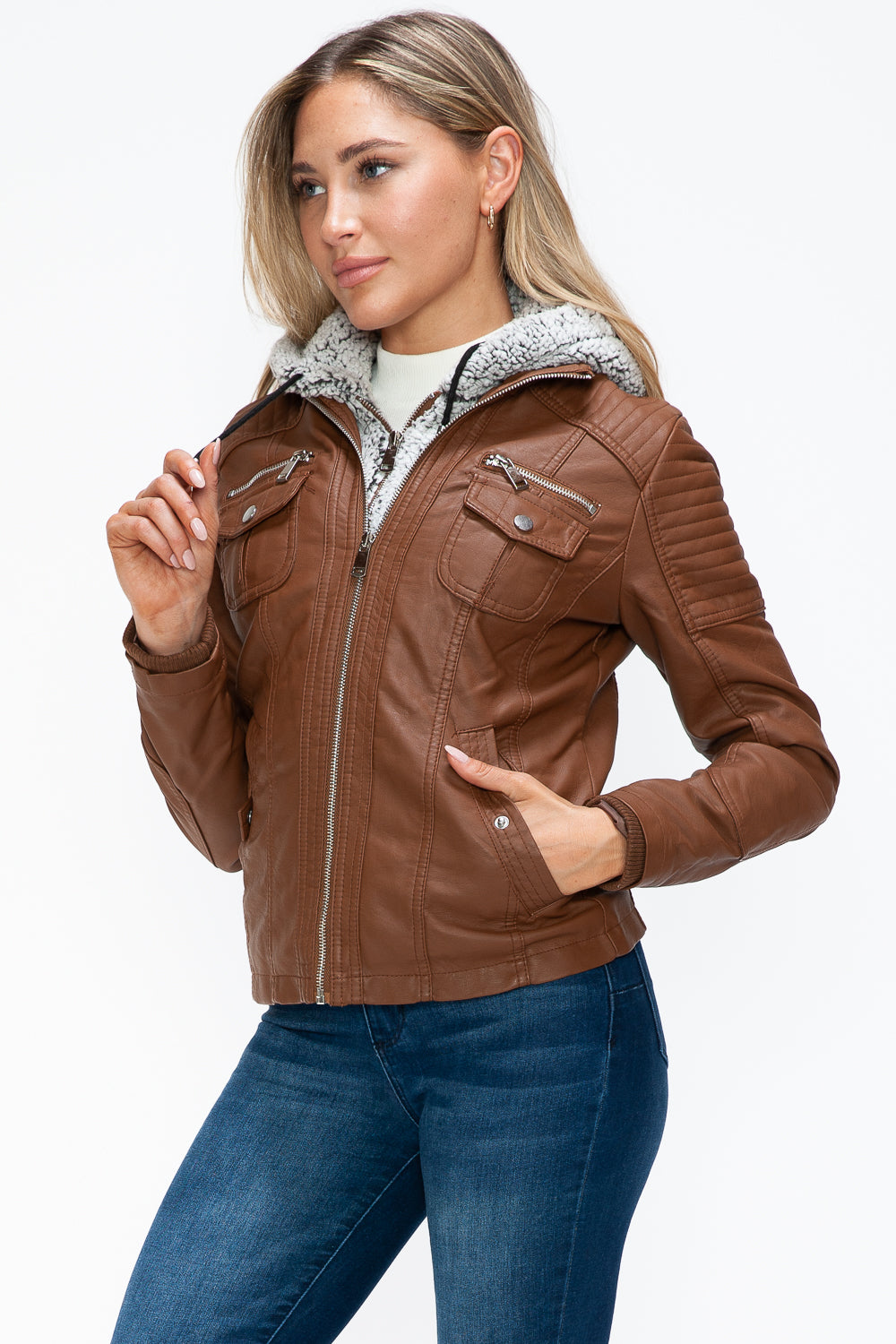 Removable Faux Layered Multi-Pocket Jacket with Fuzzy Hood