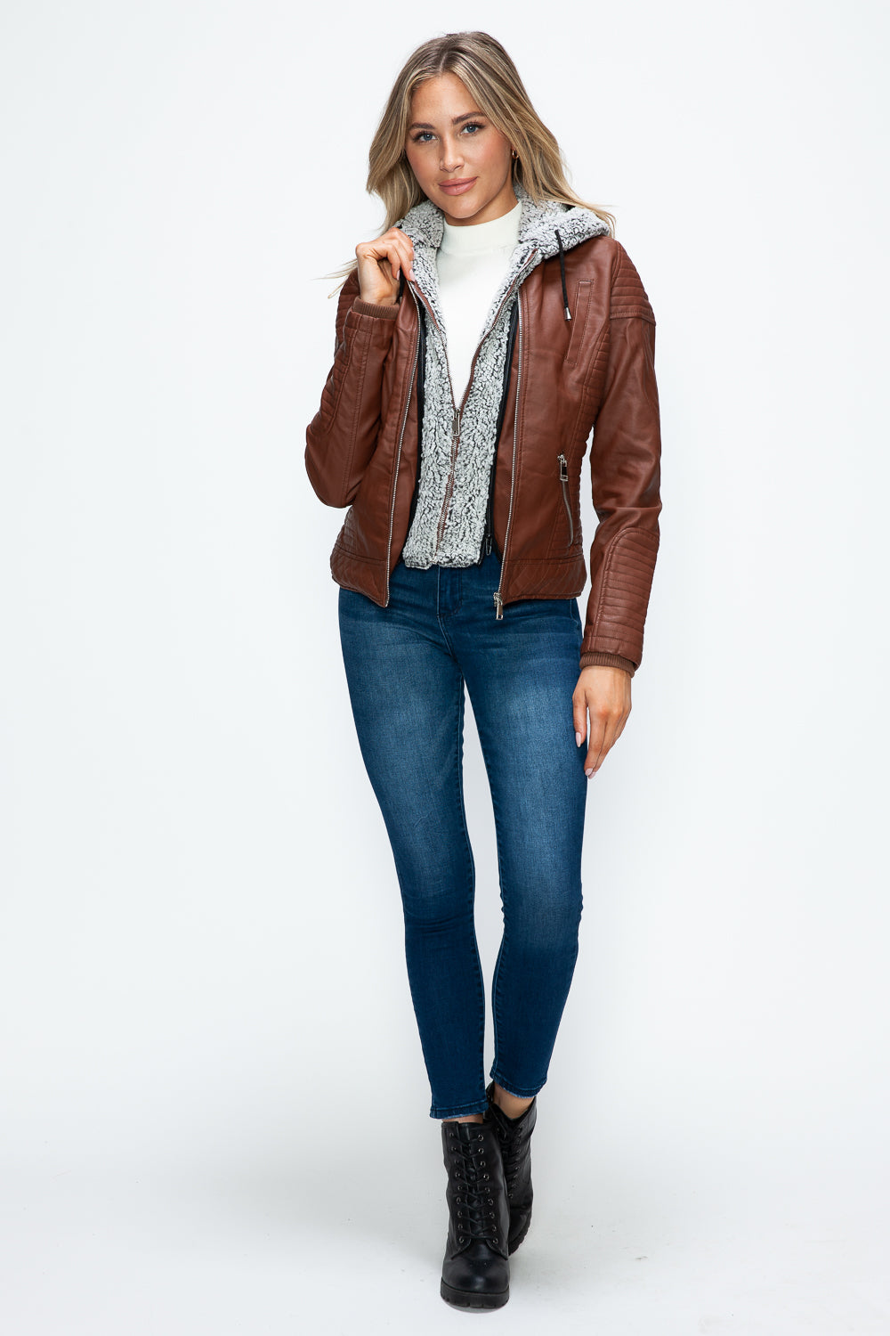 Faux Layered Double-Zipper Jacket with Fuzzy Hood