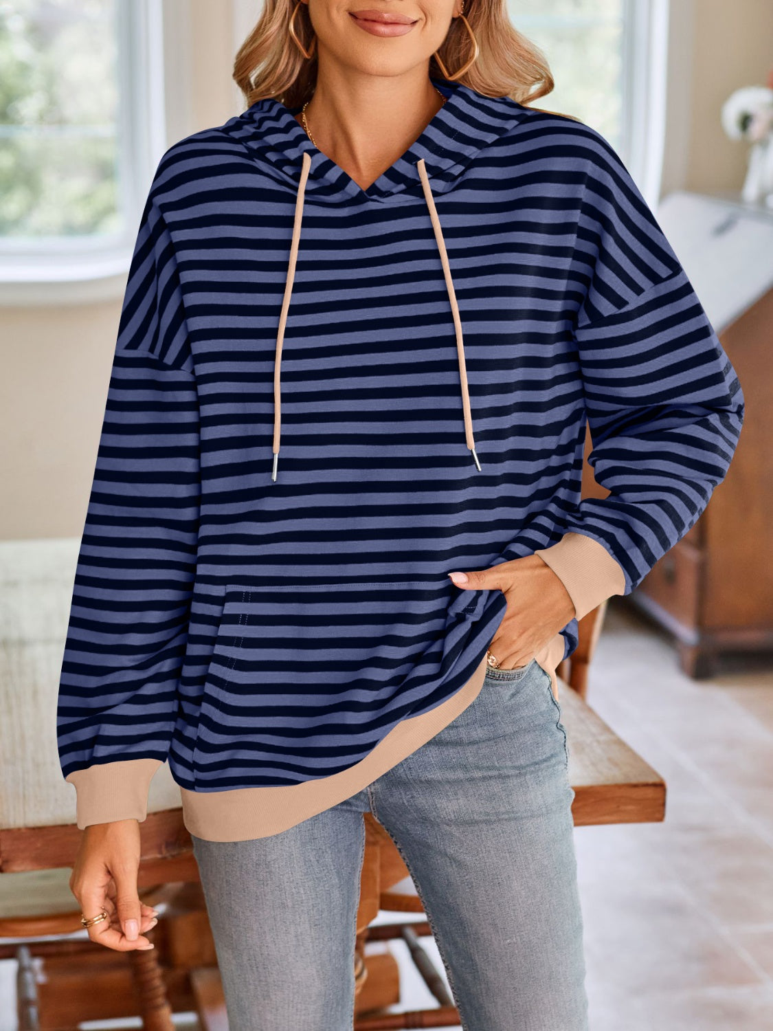 Drawstring Striped Long Sleeve Hoodie