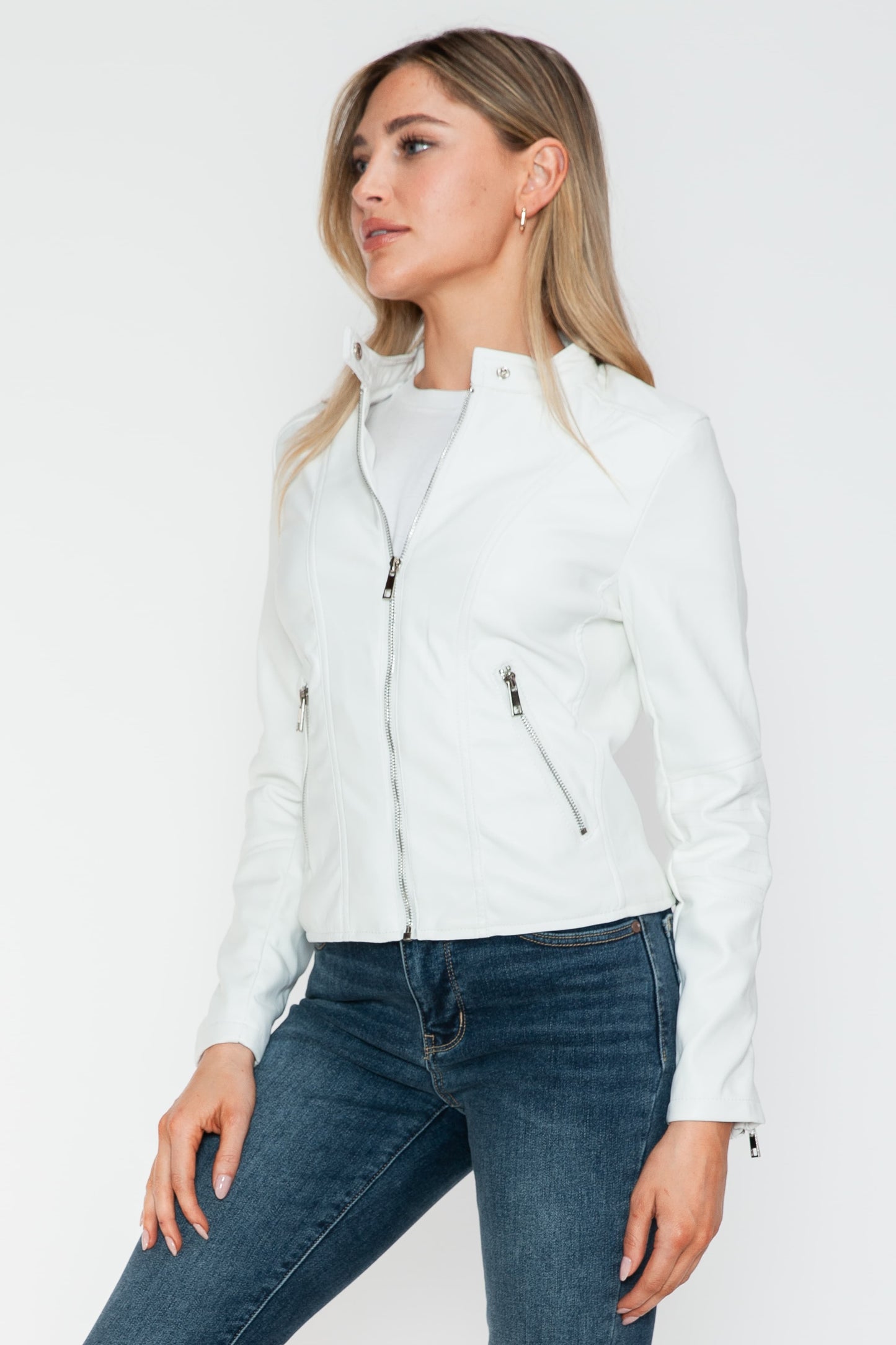 PU Leather Zip Up Jacket with Pockets