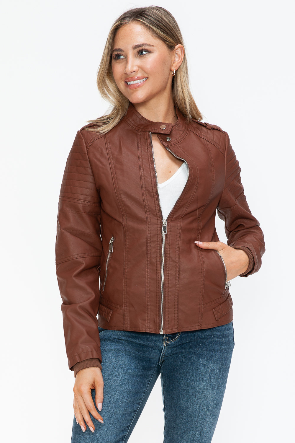 PU Leather Biker Jacket with Side Zip Pockets