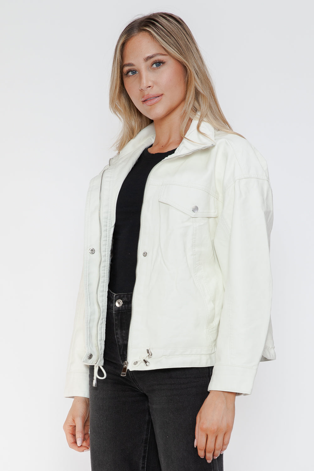 Drawstring Hem PU Leather Zip Up Jacket