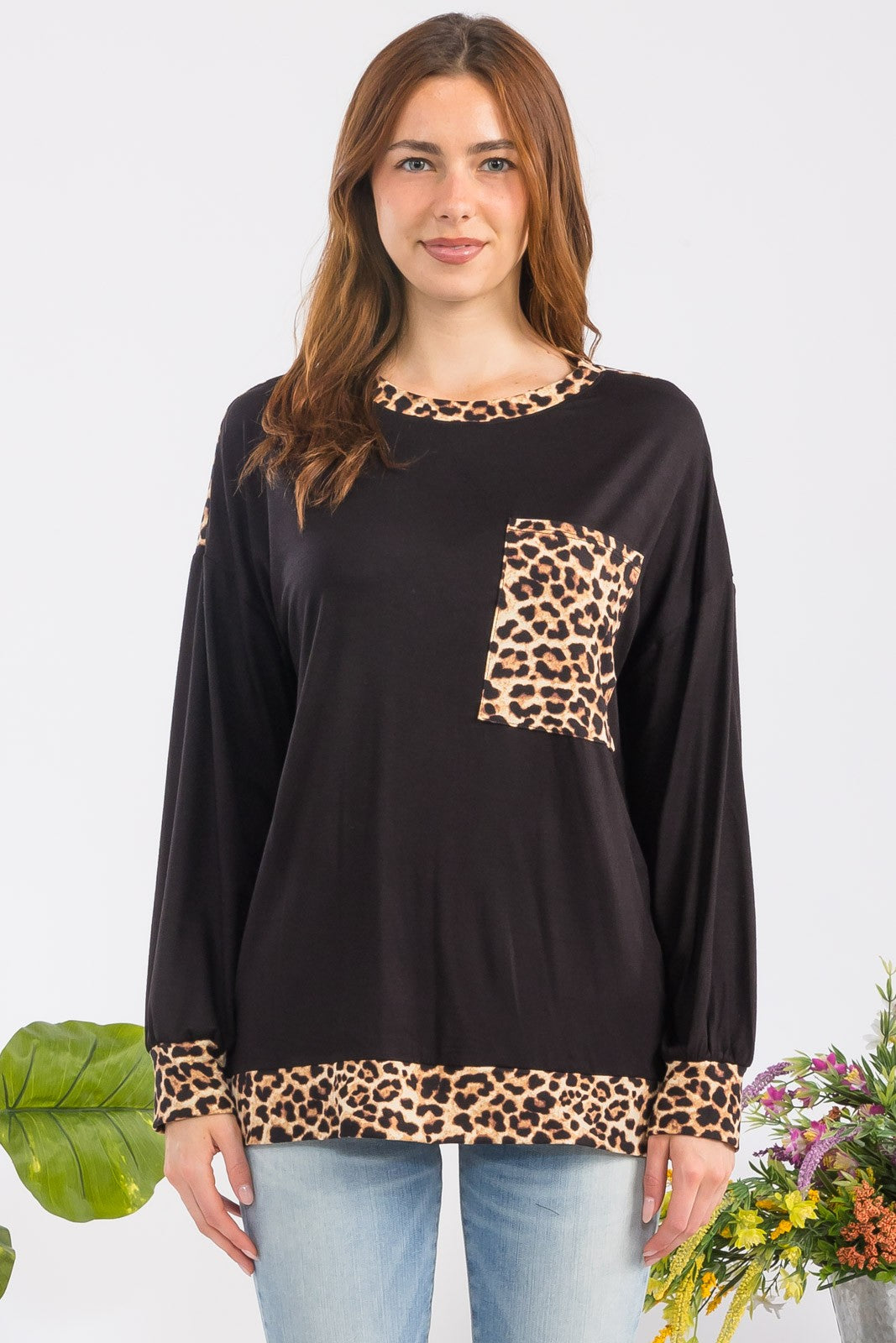 Leopard Round Neck Dropped Shoulder T-Shirt