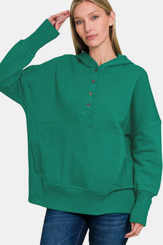 Half Snap Long Sleeve Hoodie with Kangaroo Pocket