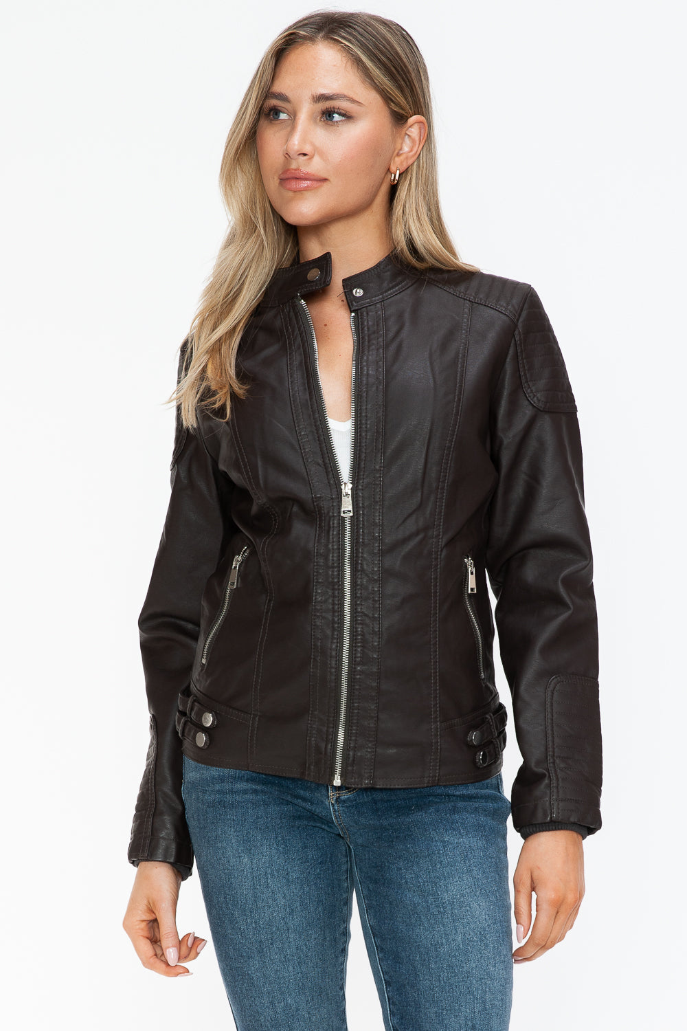 Faux Leather Biker Jacket with Side Zip Pockets