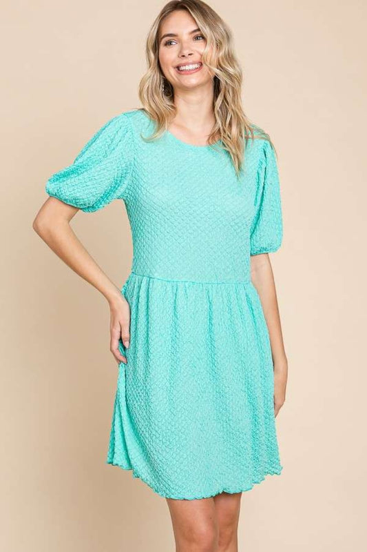 Textured Round Neck Puff Sleeve Dress