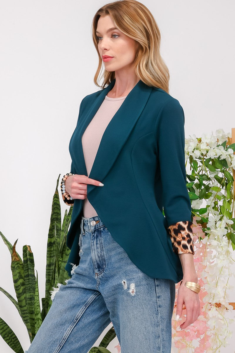 Rolled Leopard Cuff Open Front Blazer