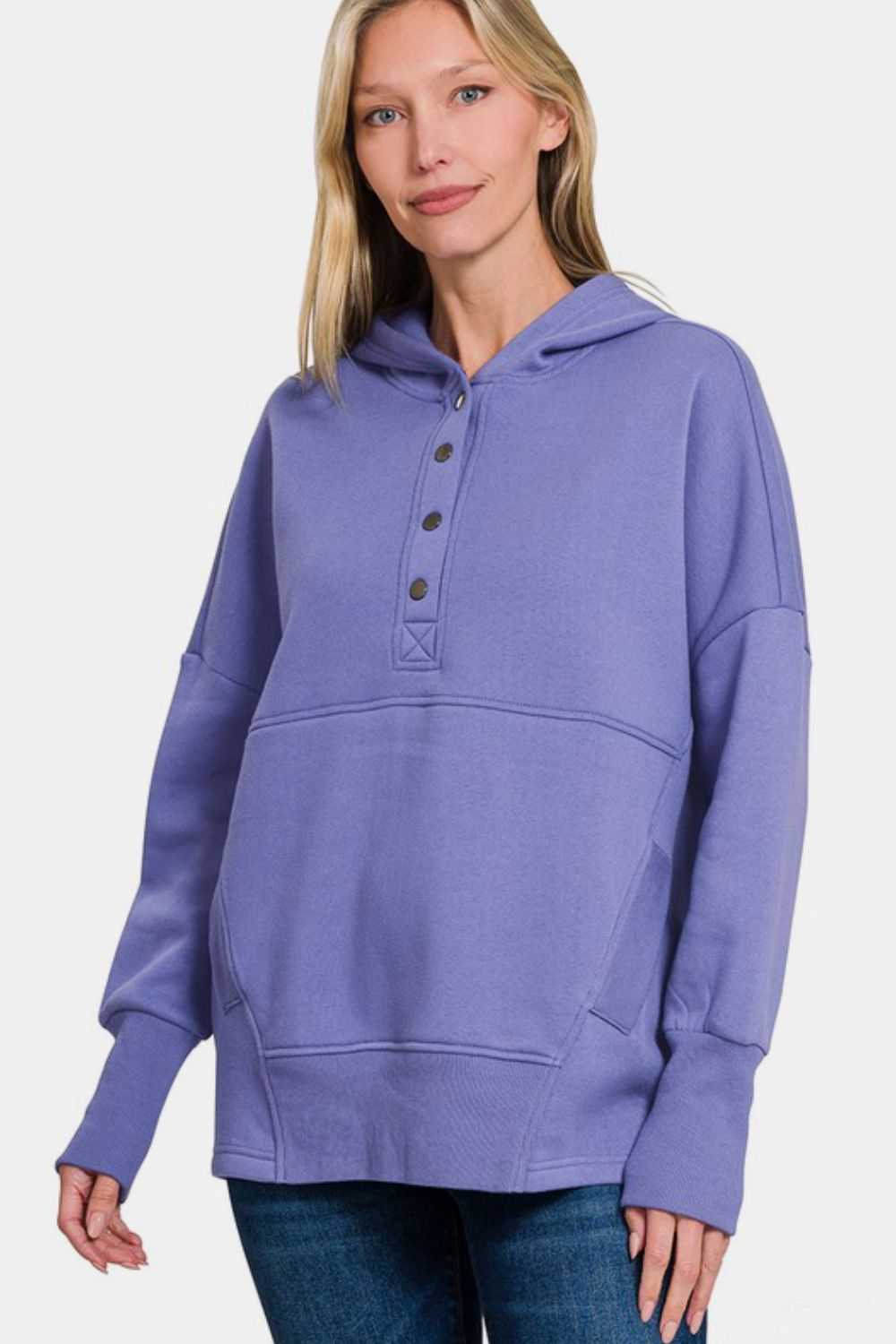 Half Snap Long Sleeve Hoodie with Kangaroo Pocket