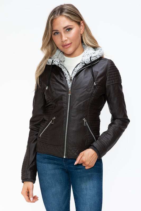 Faux Layered Double-Zipper Jacket with Fuzzy Hood