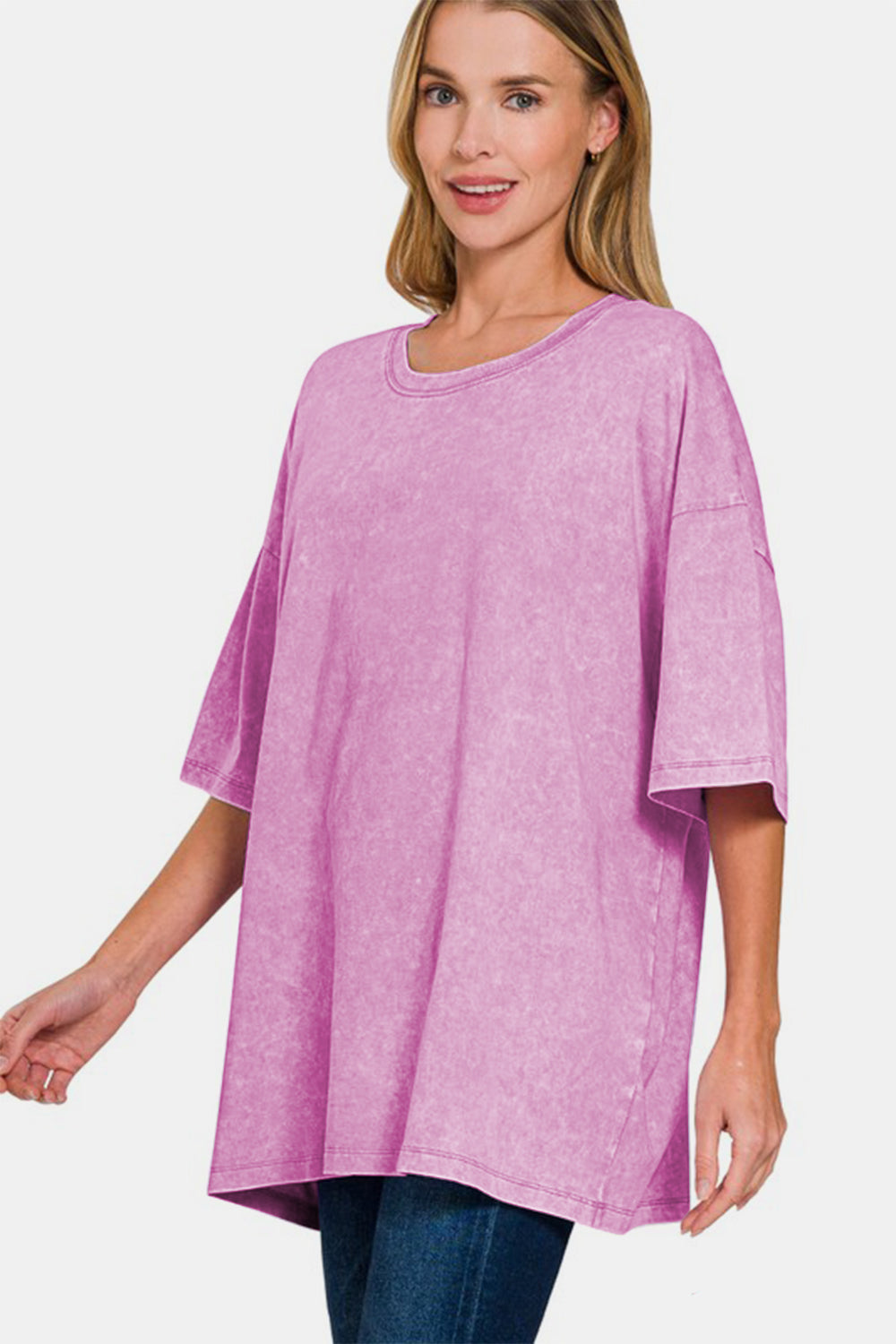 Washed Round Neck Drop Shoulder Oversized T-Shirt