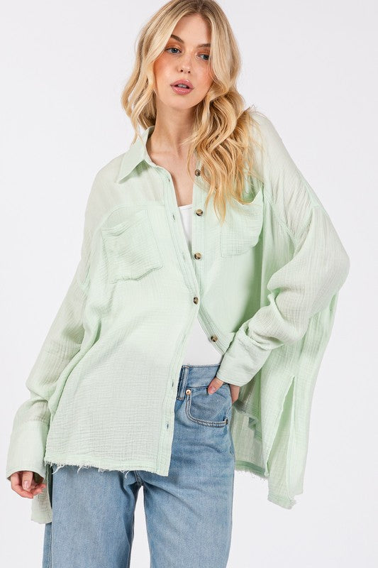 Frayed Hem Side Slit Button Down Shirt