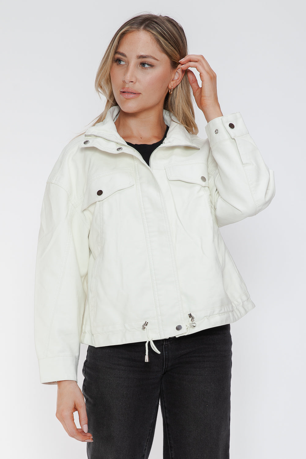 Drawstring Hem PU Leather Zip Up Jacket