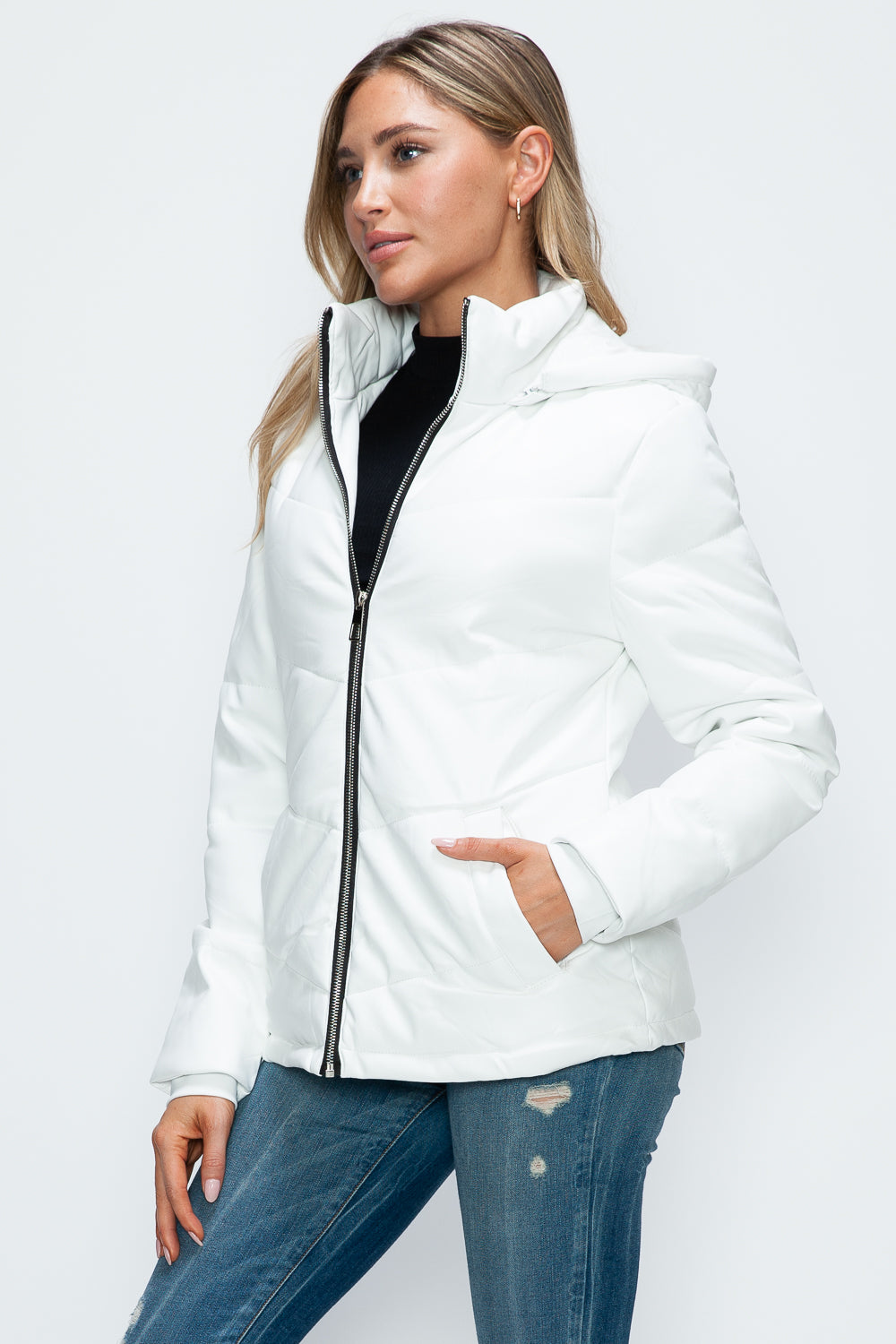 Pocketed Zip Up Puffer Jacket with Removable Hood