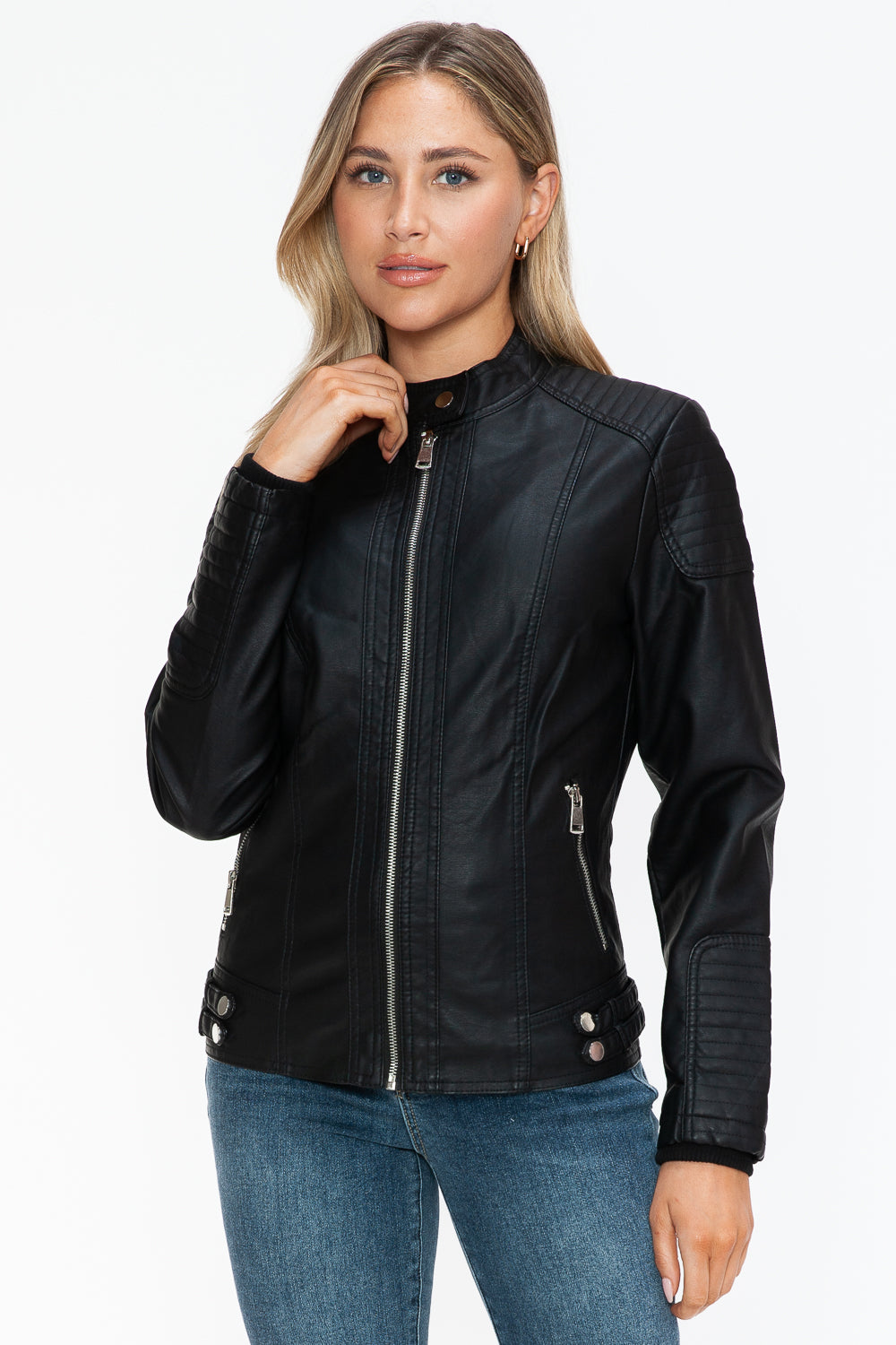 Faux Leather Biker Jacket with Side Zip Pockets