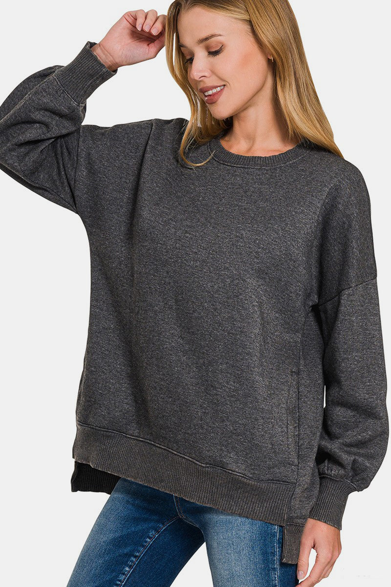 High-Low Acid Wash Fleece Sweatshirt