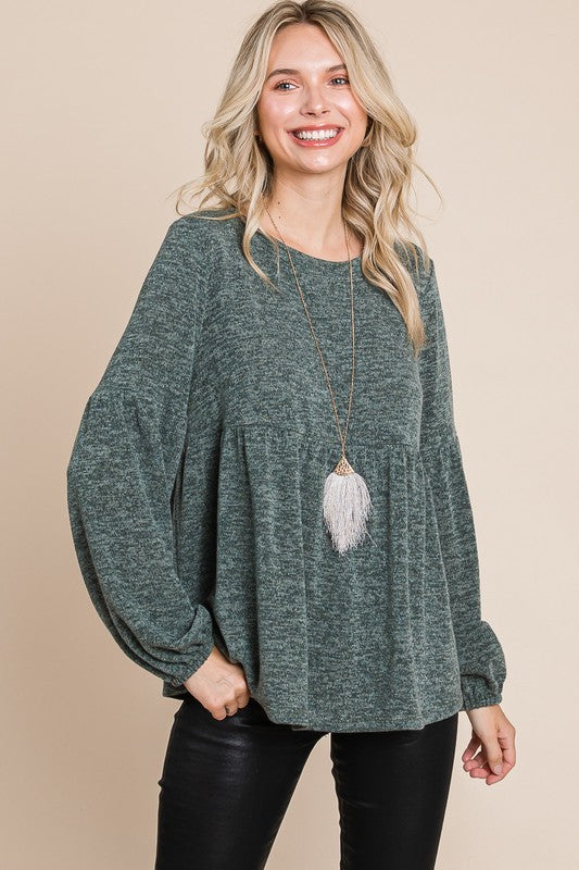 Heathered Round Neck Babydoll Top