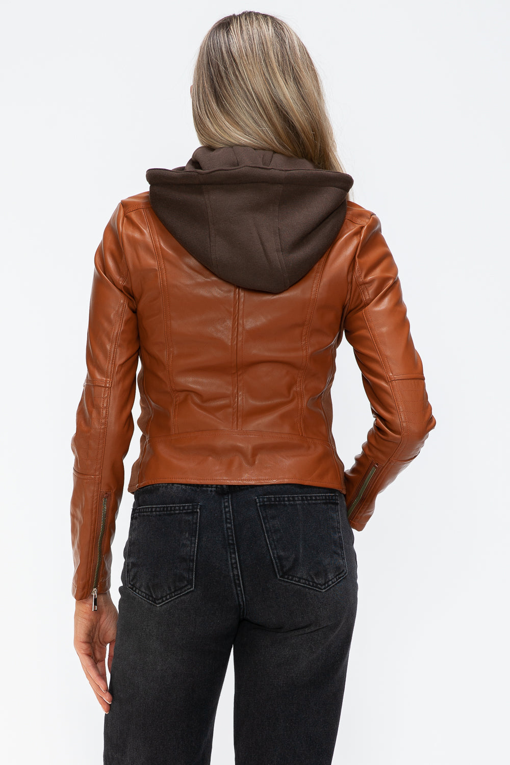 Faux Leather Zip Up Drawstring Hooded Jacket