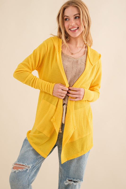 Thermal Hooded Open Front Cardigan with Pockets