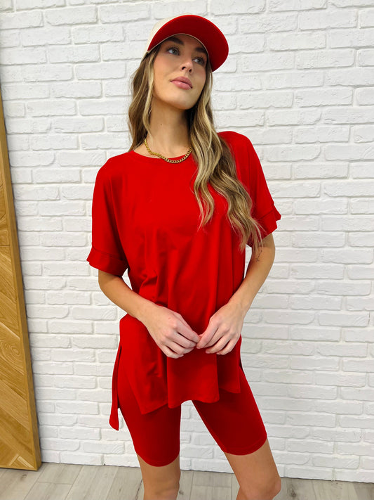 Comfy Cruising Top and Biker Shorts Set in Ruby