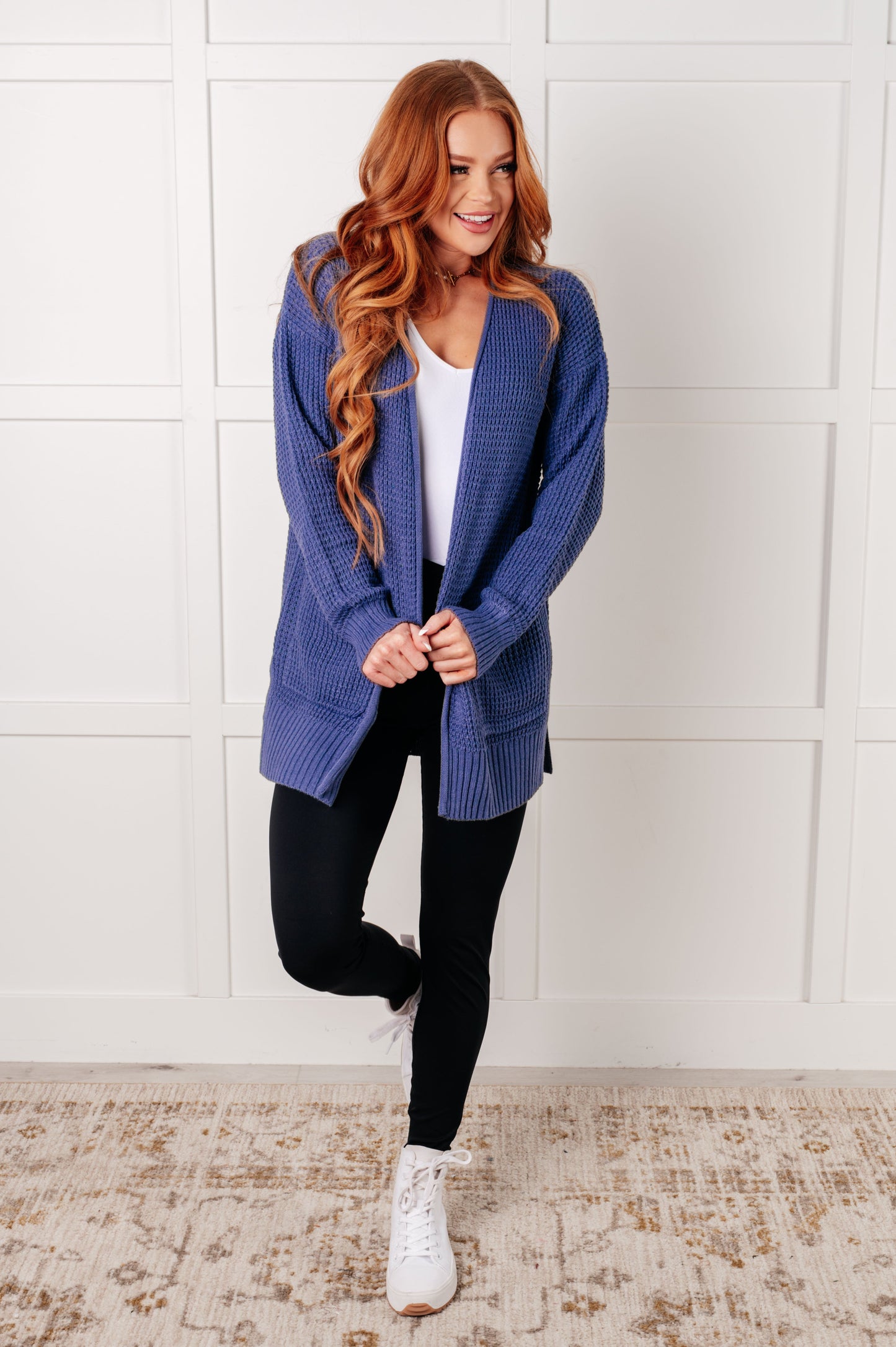 Everything Layer Waffle Knit Open Front Cardigan in Marlin