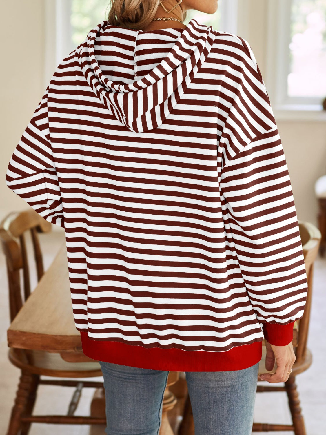 Drawstring Striped Long Sleeve Hoodie