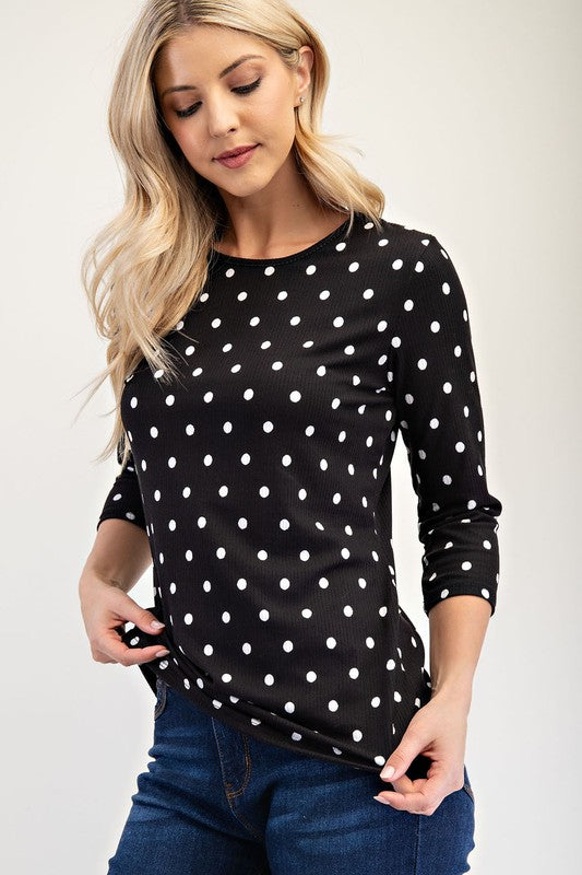 Polka Dot Round Neck Three-Quarter Sleeve T-Shirt