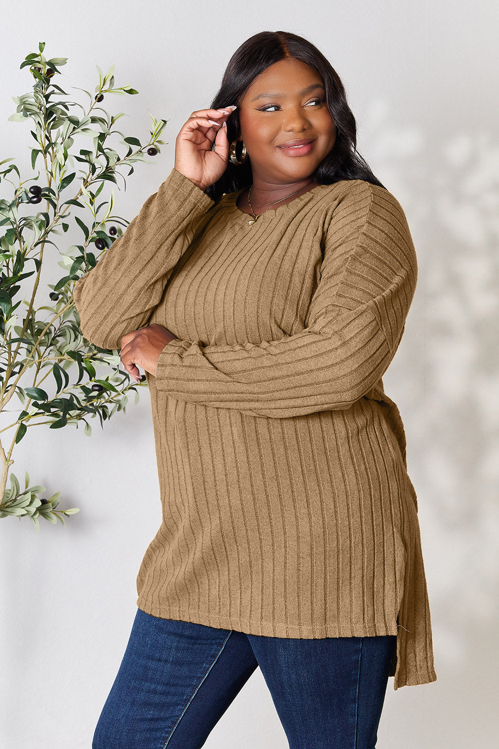 Ribbed Round Neck Long Sleeve Slit Top