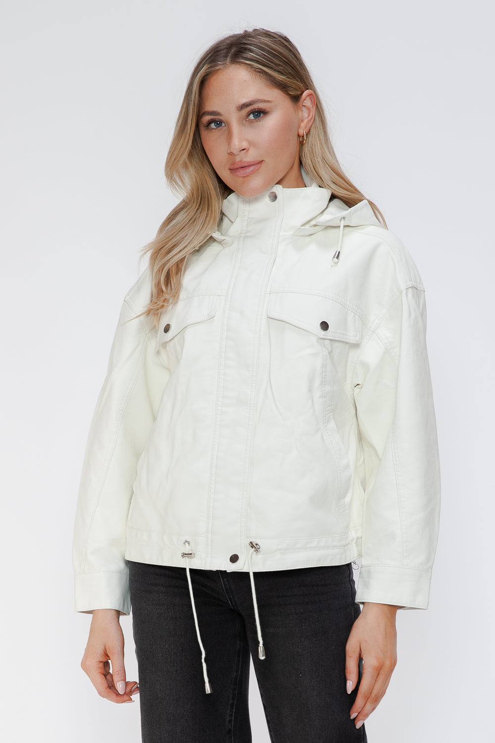 Drawstring Hem PU Leather Zip Up Jacket