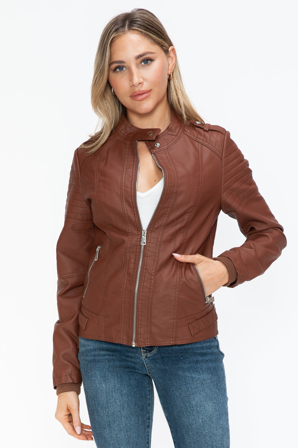 PU Leather Biker Jacket with Side Zip Pockets