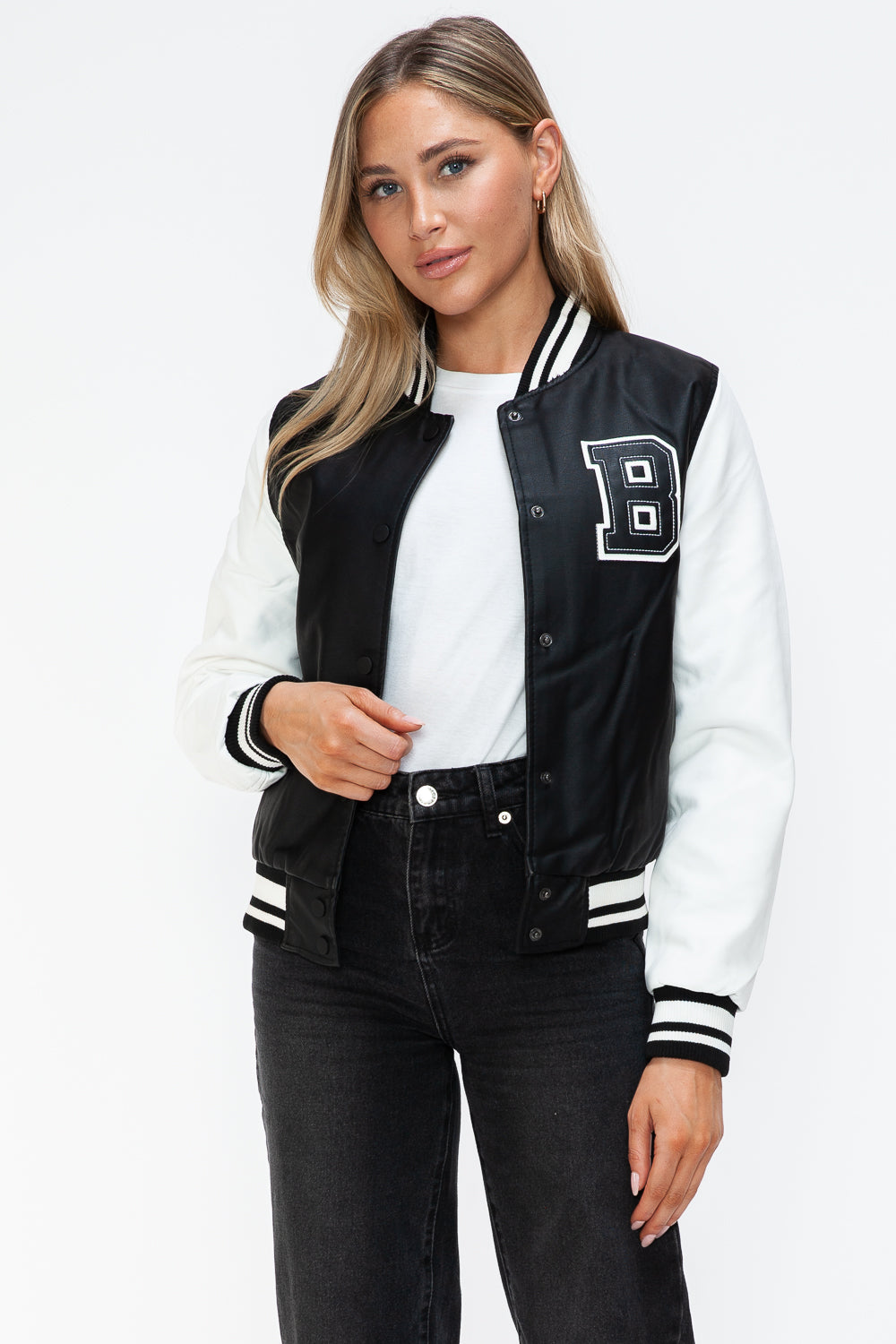 PU Leather Contrast Snap Down Bomber Jacket