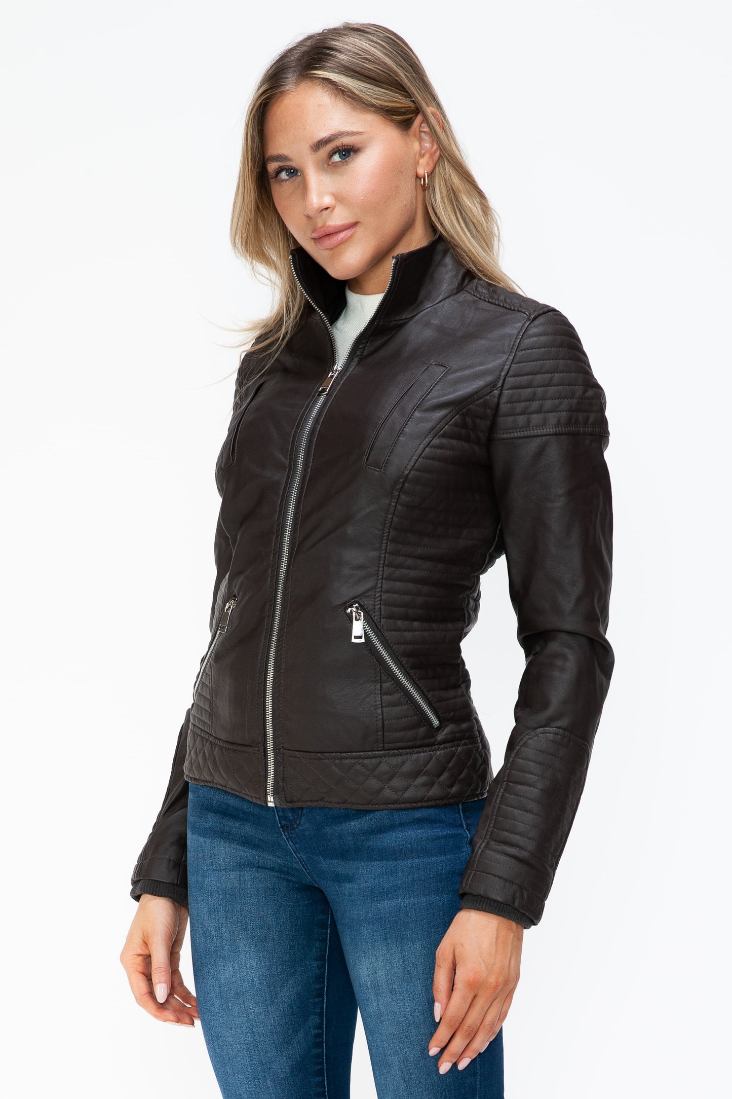 Faux Layered Double-Zipper Jacket with Fuzzy Hood