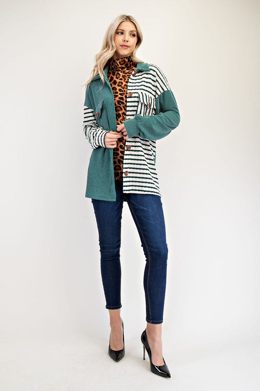 Striped Button Up Dropped Shoulder Shacket