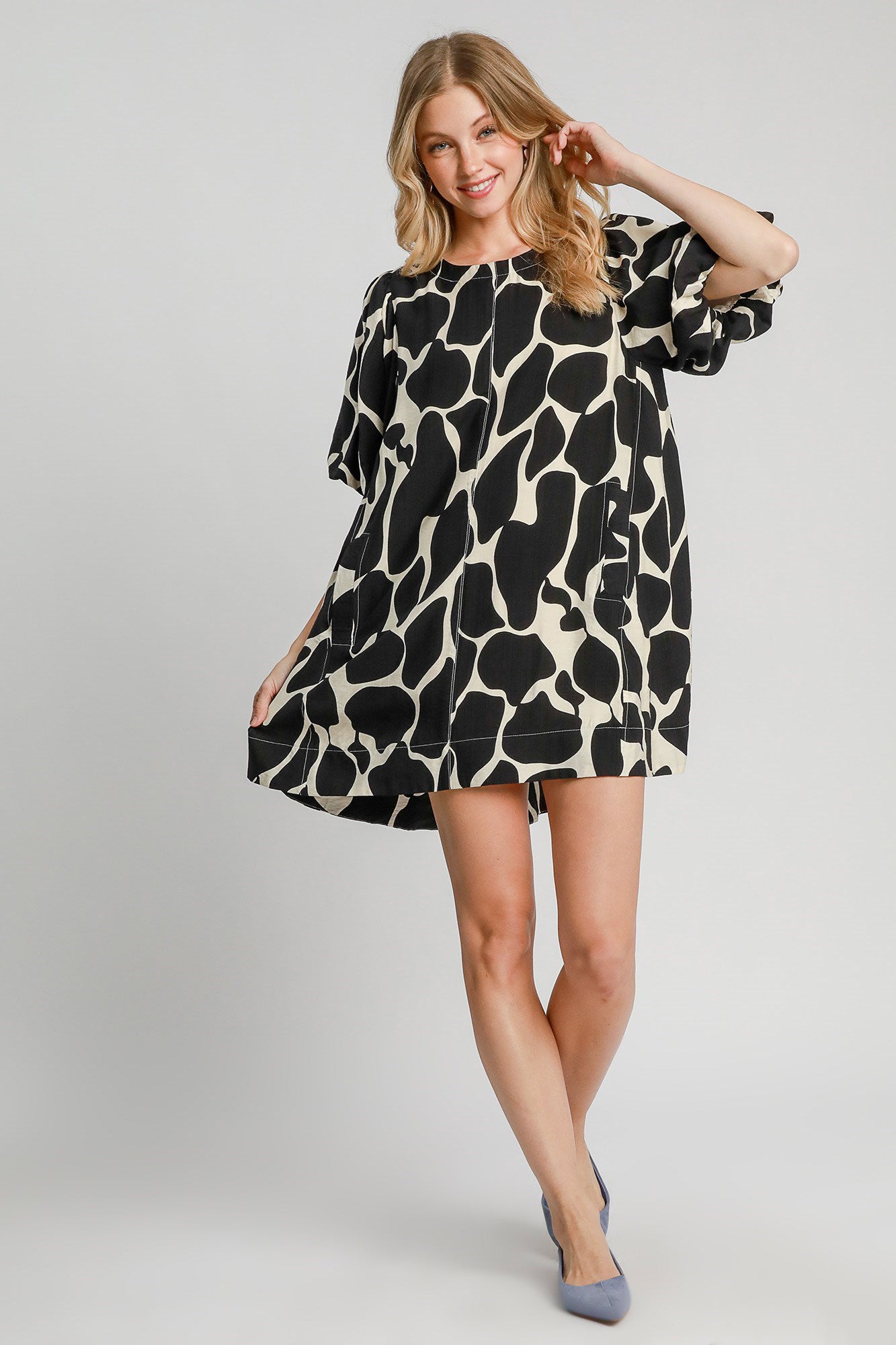 Umgee Two Tone Abstract Print Puff Sleeve Dress Plus Size