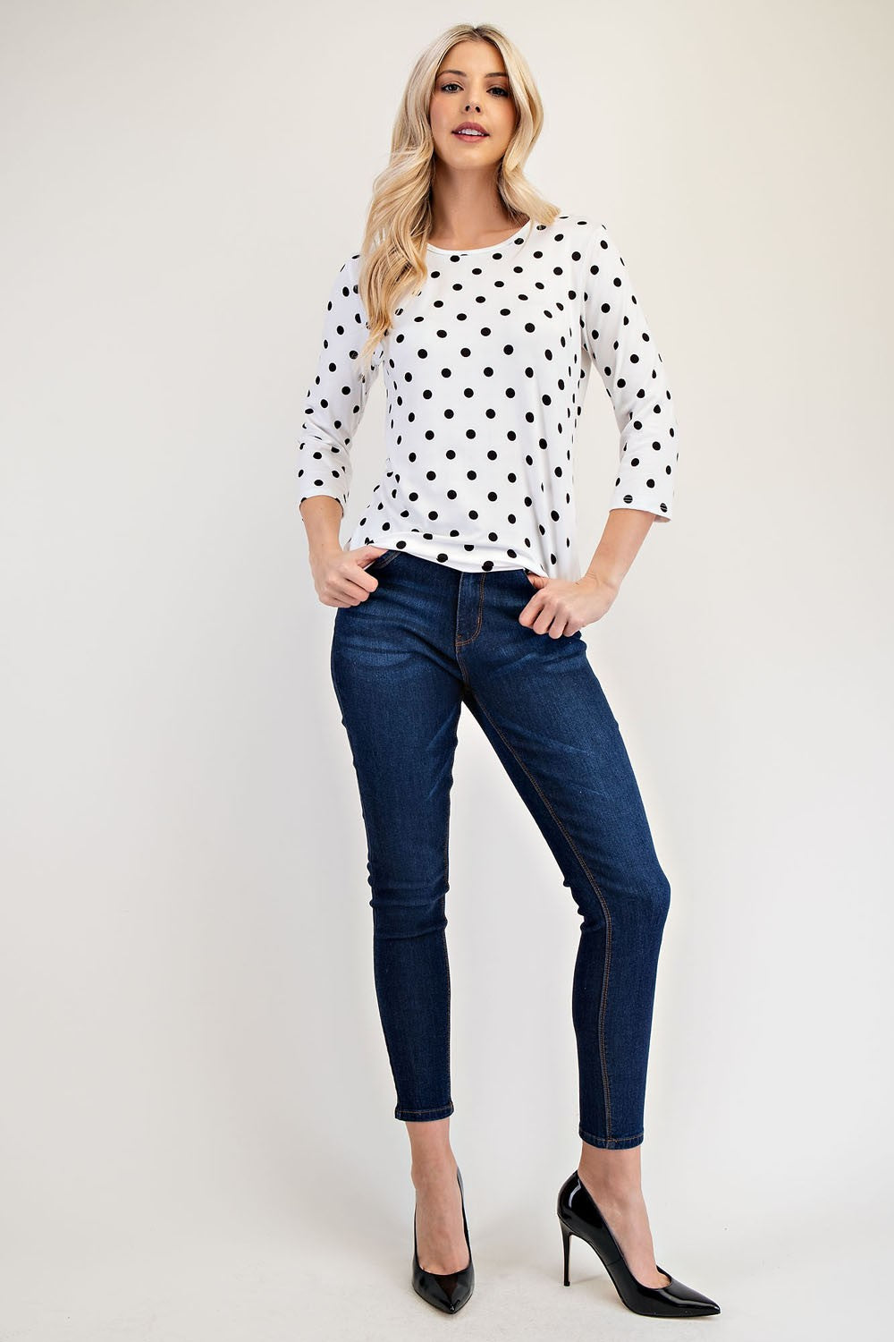 Polka Dot Round Neck Three-Quarter Sleeve T-Shirt