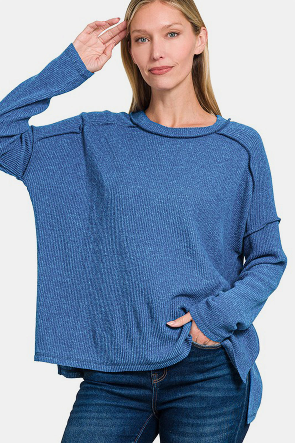 Exposed Seam Brushed Round Neck Sweater