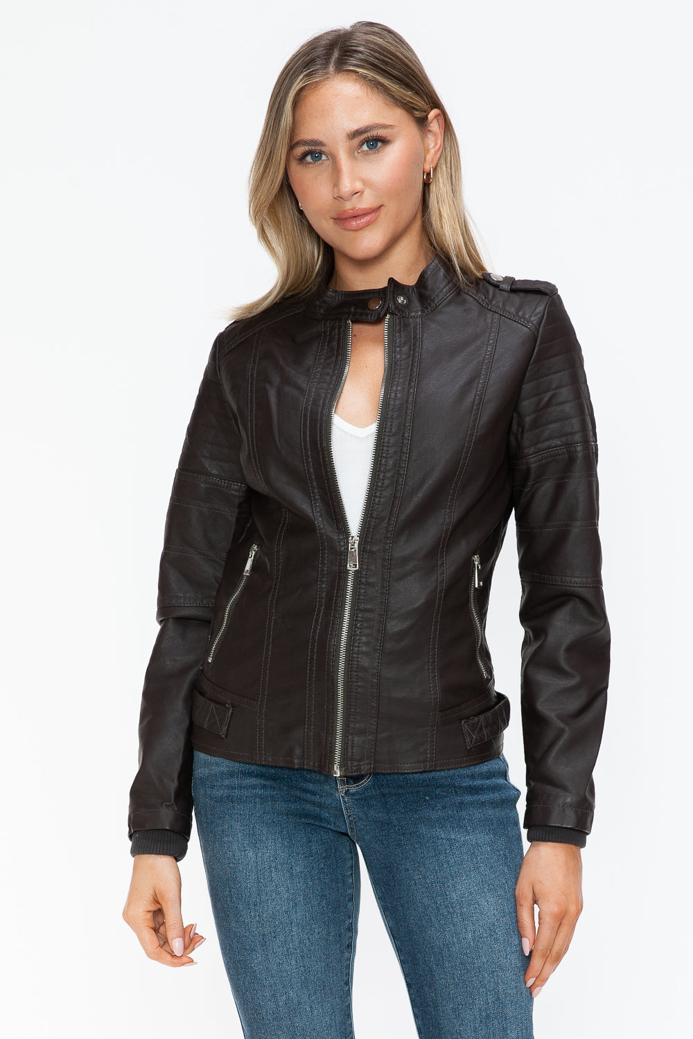 PU Leather Biker Jacket with Side Zip Pockets