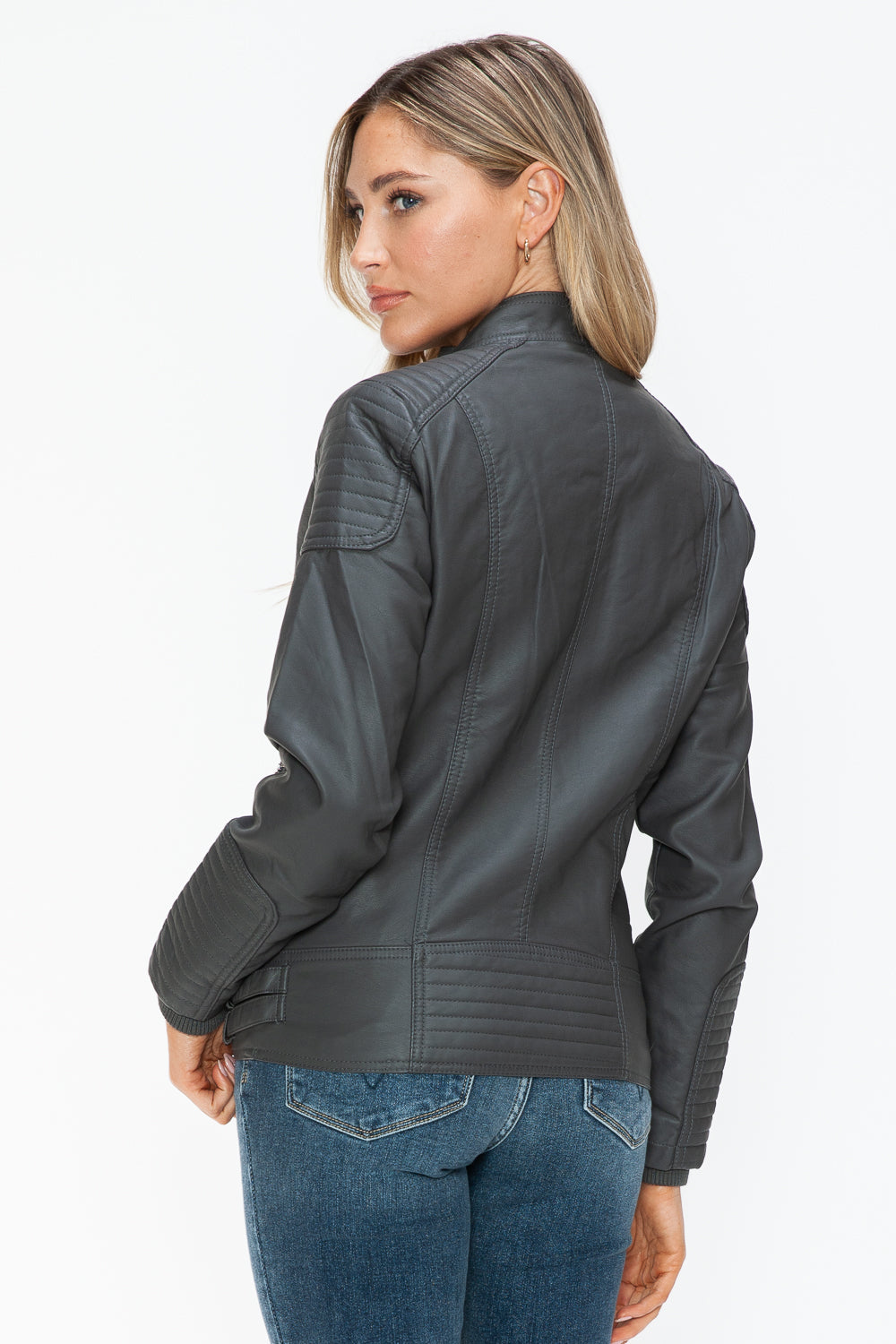 Faux Leather Biker Jacket with Side Zip Pockets