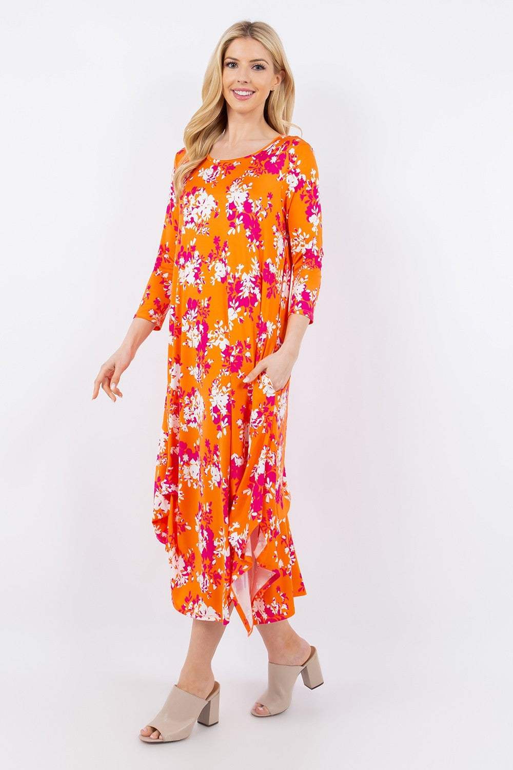 Pick-Up Hem Asymmetric Floral Midi Dress