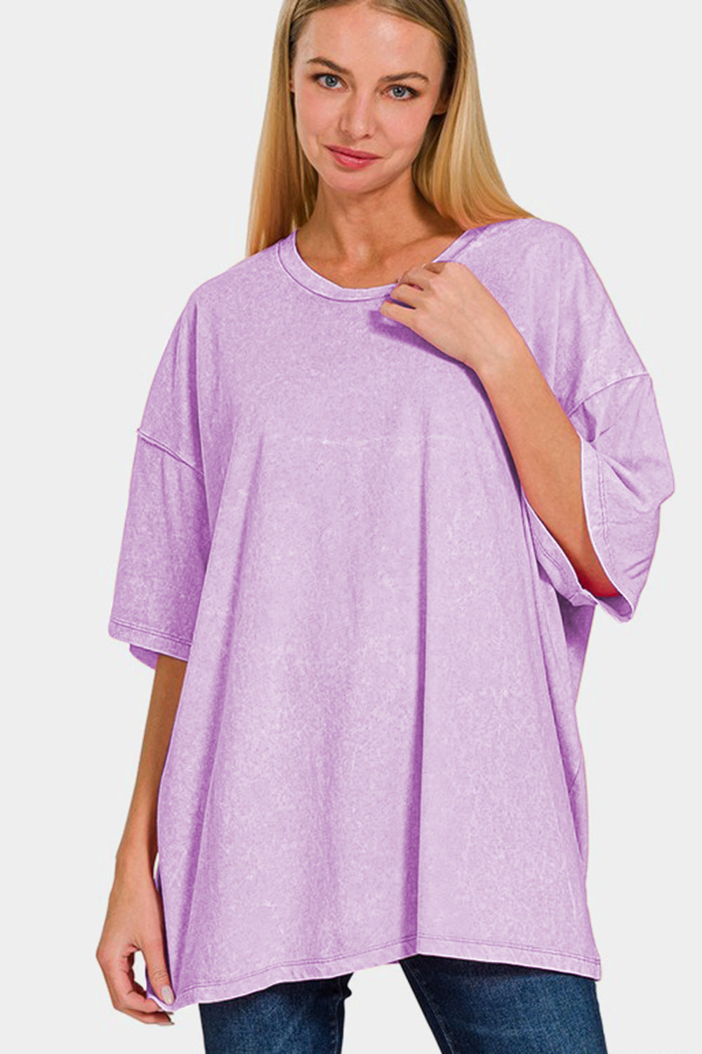 Washed Round Neck Drop Shoulder Oversized T-Shirt