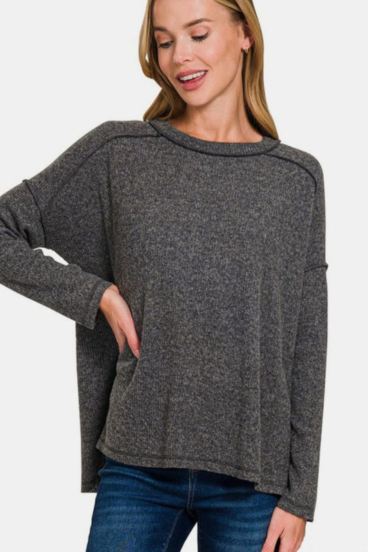 Exposed Seam Brushed Round Neck Sweater