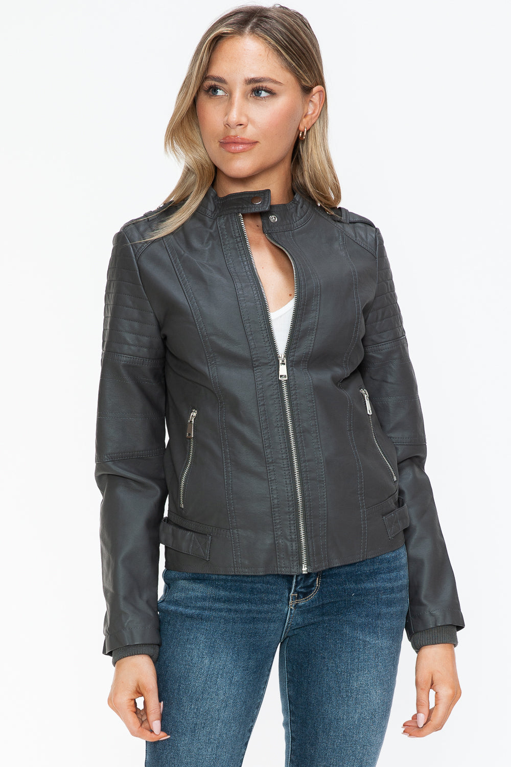 PU Leather Biker Jacket with Side Zip Pockets