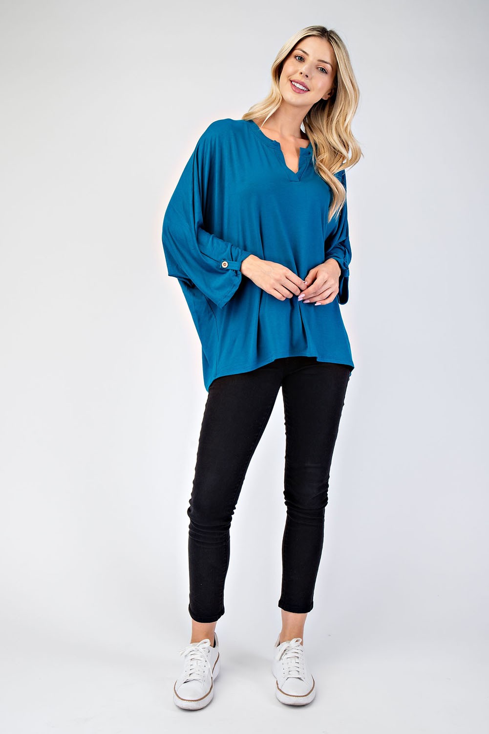 Notched Three-Quarter Sleeve Blouse